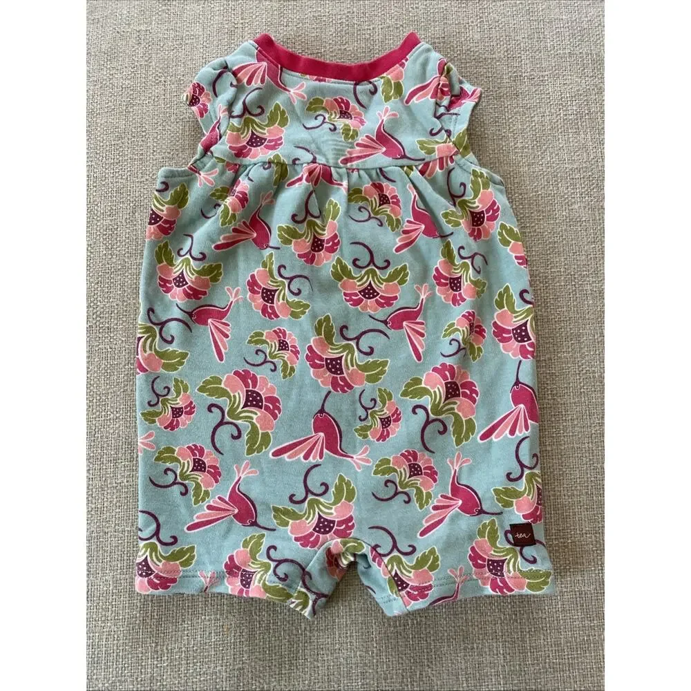 TEA Collection Summer Bubble Snap Romper‎ XXS 0-3 Mths Pink Floral Hummingbird